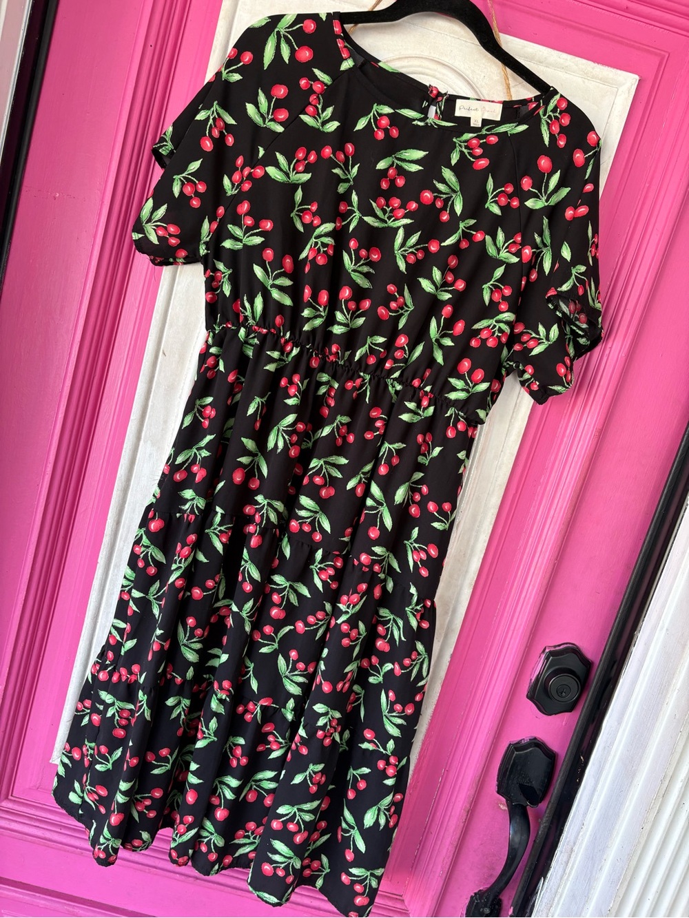 Black Cherry Print pin up vintage retro Midi Dress with Elastic Waist - Picture 2 of 8